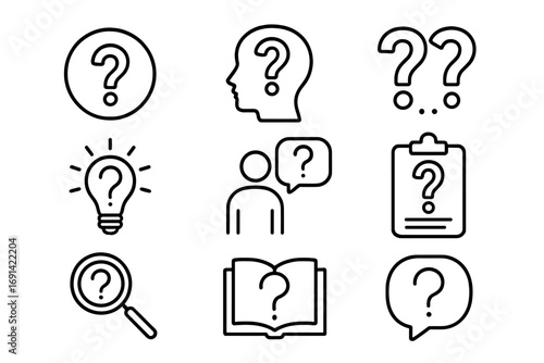 Question mark line icon set for graphic and web design, apps, adverts, cards. Outline question symbols, thinking, idea, inquiry, search, education, FAQ, communication vector illustration