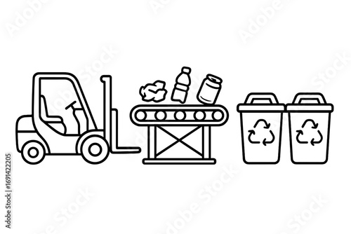 Recycling process icon set with forklift, conveyor belt, and waste bins. Garbage sorting and waste management concept. Vector outline illustration for ecology and environment.