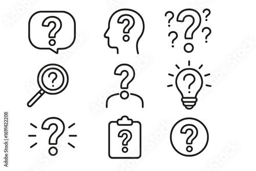 Question mark line icon set, outline signs vector for graphic design, web apps, adverts, cards, question symbol collection, FAQ icons, cartoon style transparent background