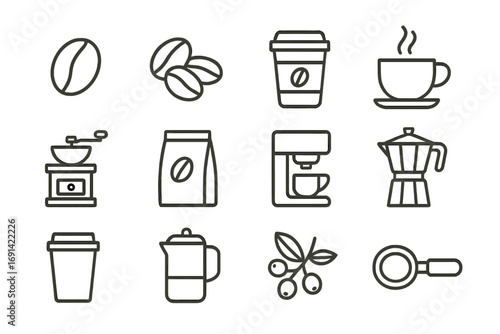 Coffee line icon set. Barista and coffee shop outline icons. Vector symbols of coffee bean, grinder, espresso machine, moka pot, french press, and cup. Editable stroke.