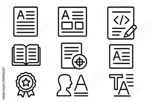 Publishing and editorial line icon set for articles, layouts, and style sheets. Vector symbols for typography, writing, coding, and graphic design. Author and content concepts.