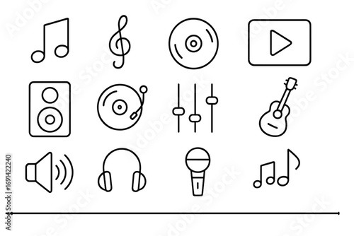 Music icon set. Collection of simple line audio pictograms with editable stroke. Vector outline symbols for web and apps: note, headphones, microphone, guitar, dj turntable.