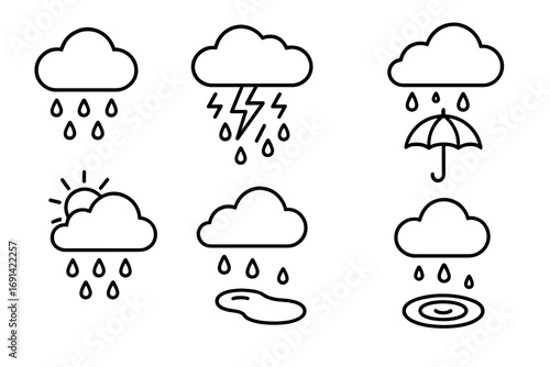 Rain weather line icon pack, outline signs collection for graphic design, web apps, advertising, digital cards, vector cartoon illustrations, transparent background, ordered set 2