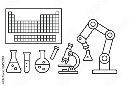 Science lab equipment line icon set. Chemistry and biology research tools vector illustration. Includes periodic table, robotic arm, microscope, flasks, and test tubes.