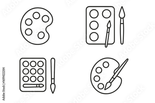 Art supplies line icon set. Paint palette, brush, watercolor kit symbols. Creativity, drawing, hobby concept. Minimalist vector pictograms for UI, web design. Editable stroke.
