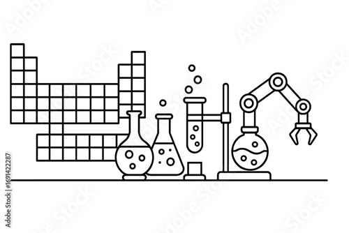 Science laboratory equipment in thin line style. Chemistry research concept with periodic table, robotic arm, and flasks. Vector illustration for scientific experiment.