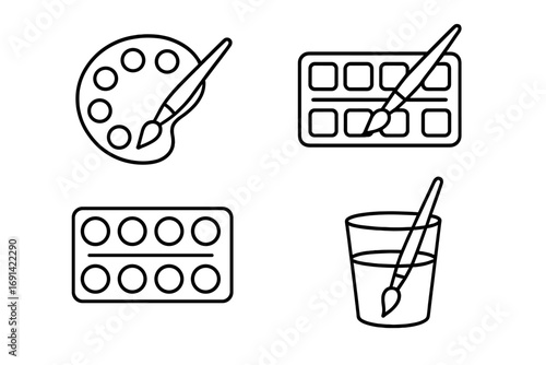 Art supplies line icon set. Paint palette, watercolor, paintbrush, and water glass. Minimal vector pictograms for creative hobby, artist, designer. Editable stroke illustration.