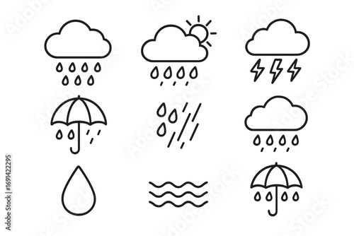 Rain thin line icon set with clouds, umbrellas, raindrops, lightning, sun, rain streaks, and water waves, vector cartoon outline signs for graphic design, web, apps, adverts, cards