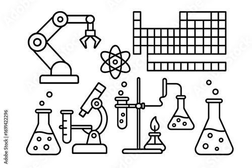 Science lab equipment icon set in linear style. Vector cartoon illustration of chemistry research items like periodic table, robotic arm, microscope, atom, and flasks.