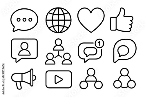 Social media outline icon set. Communication and networking symbols. Like, comment, share, and follow. Online engagement, marketing, and community vector graphics.