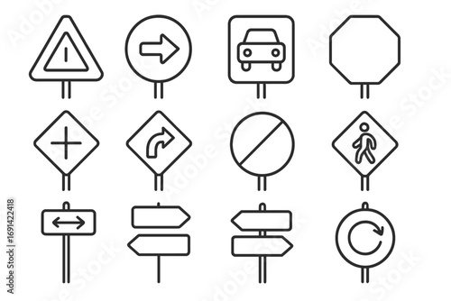 Road sign thin line icons pack, editable stroke vector, cartoon style traffic signs collection for web design, apps, books, cards, transparent background, ordered set