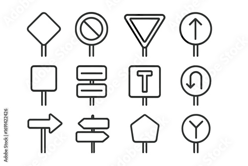 Road sign thin line icon set, editable stroke vector collection for web, books, cards, apps; simple cartoon style with transparent background, ordered directional and warning signs pack