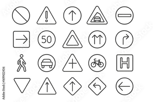Road sign vector icon set, thin line stroke editable symbols for web, apps, books, cards, and design. Transparent background, ordered collection of traffic and street navigation icons.