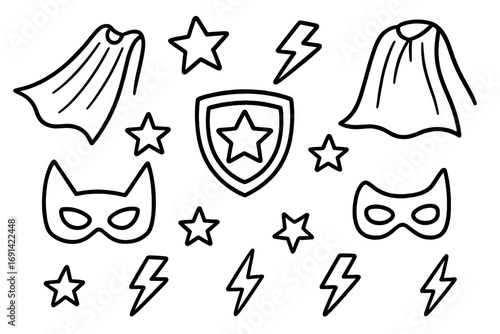 Superhero doodle set, comic elements collection. Hero cape, mask, shield with star, lightning bolt. Power symbols. Black and white line art vector illustration for kids design.