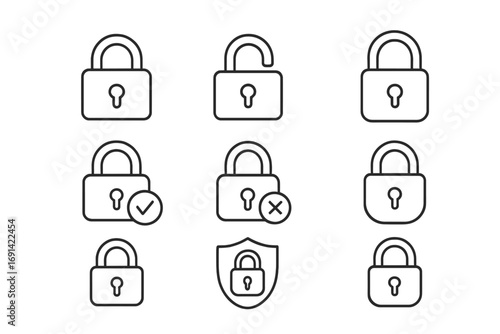 Set of Lock and Security Line Icons with Editable Stroke, Minimalistic Linear Padlock Pictograms, Safe and Protected Access Symbols for UI Design, Apps, Banners, and Digital Use