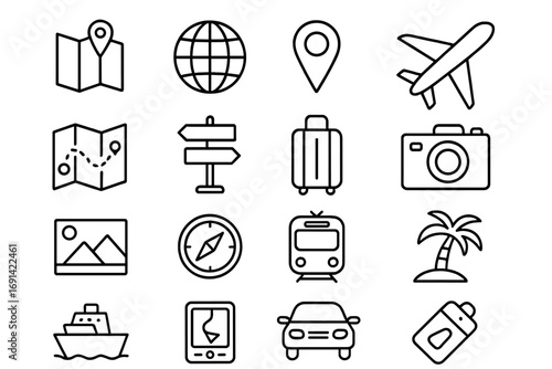 Travel and transport line icon set. Tourism, vacation, and journey symbols. Navigation, flight, map, car, ship, and train outline icons for web and mobile design. Vector pack.