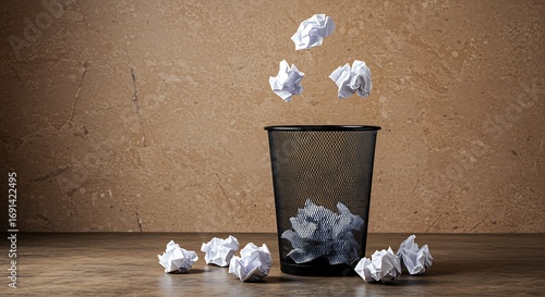 Crumpled paper balls falling into black mesh trash can on wooden desk waste