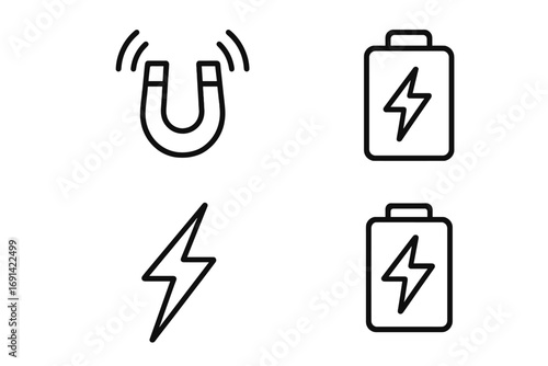Set of magnet, battery, lightning bolt line icons, outline signs for graphic design, web design, app interfaces, advertising, energy and power concepts, vector cartoon illustration