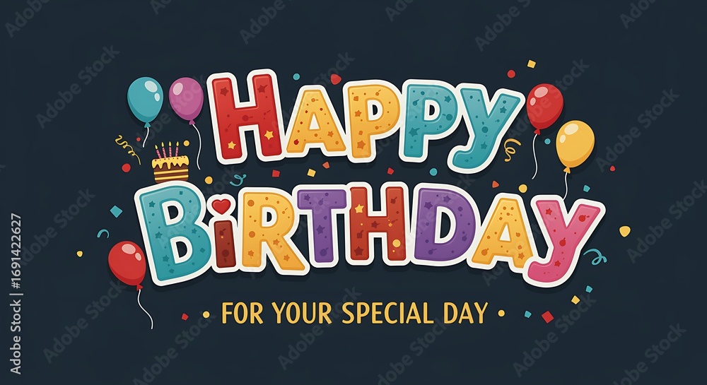 Obraz premium Colorful Happy Birthday text with balloons and cake celebration party