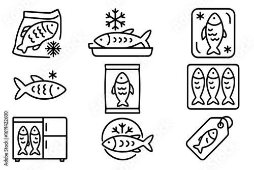 Set of Frozen Fish Line Icons, Outline Signs for Web Design, Apps, Advertising, Various Cards, Seafood Packaging, Refrigeration, and Frozen Food Vector Illustration