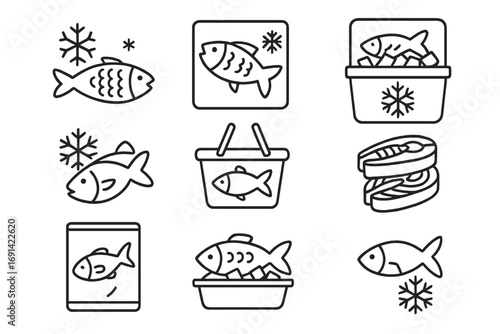 Set of Frozen Fish Line Icons, Outline Symbols for Graphic Design, Web, Apps, Adverts, Various Cards, Frozen Seafood, Fish Packaging, Cold Storage Vector Illustration