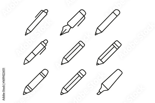Writing and drawing concept. Pen, pencil, marker line icons set. School and office stationery supplies. Vector pictogram collection. Editable stroke symbols for web and app.