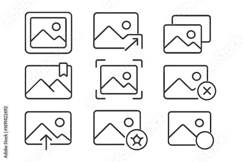 Set of picture-related line icons, outline graphic and web design symbols for apps, adverts, various cards, photo upload, preview, delete, bookmark, and editing vector cartoon illustration