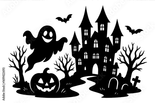 Spooky Halloween silhouette with haunted castle, scary ghost, jack o' lantern and bats. Creepy vector illustration of a graveyard for a horror party. Cartoon fright night.