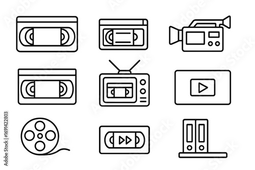Video tape icons set, vintage cassette tape line art, retro film reel, camcorder and multimedia outline signs for graphic design, web, apps, adverts, video editing, archive, media