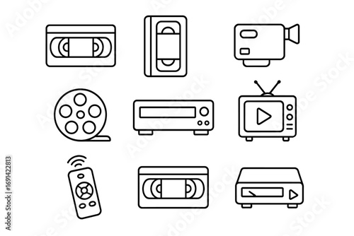 Set of video tape and retro media line icons, outline signs for graphic design, web apps, adverts, media players, VCR, remote control, film reel, vintage electronics