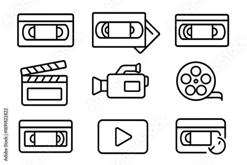 Set of Video Tape and Movie Media Line Icons, Outline Signs for Graphic Design, Web, Apps, Advertising, Multimedia Cards, Vector Cartoon Illustration Transparent Background