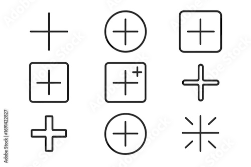 Set of plus sign icons, outline symbols for graphic and web design, app interface elements, adverts, business cards, vector cartoon illustration, transparent background
