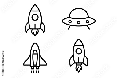 Space exploration line icon set. Rocket, shuttle, and UFO vector symbols. Spaceship launch and alien spacecraft outline collection. Simple astronomy and science graphics.