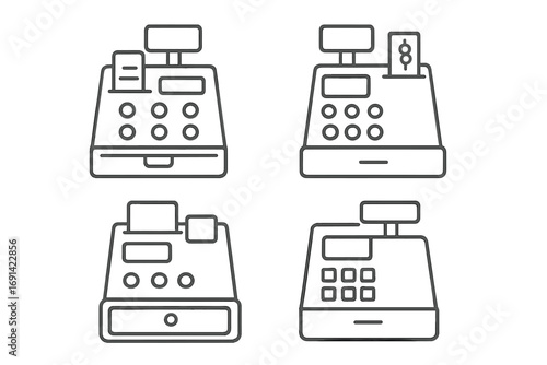 Cash register line icon set. Till, checkout, sale, retail concept. Store payment machine. Vector linear pictogram collection. Minimalist cashbox for finance, purchase.