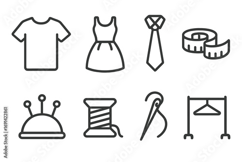 Sewing and garment bundle with line icons, editable stroke vector set for design, apps, websites, cards, includes t-shirt, dress, tie, measuring tape, pin cushion, thread spool, needle, hanger