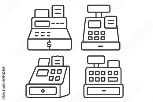 Cash register line icon set. Editable stroke vector pictogram collection for checkout, payment, and sales. Minimalist linear symbols for retail, store, and financial design.
