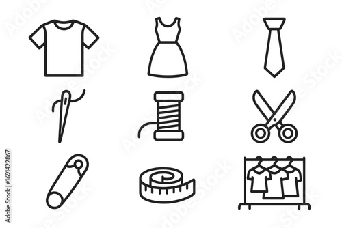 Modern sewing and garment line icon bundle with t-shirt, dress, tie, needle, thread spool, scissors, safety pin, measuring tape, clothing rack, vector linear collection for design, websites, apps