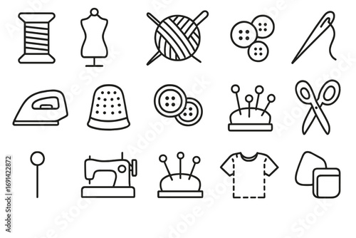 Sewing and garment outline icons set for design, cards, apps, social networks, vector cartoon illustration, transparent background, tailor tools and fashion accessories collection