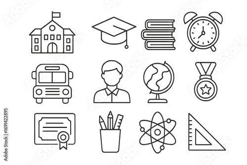 Education line icon set. Back to school, university, college symbols. Study and learning outline pictograms. Student, graduation cap, book, bus, globe, science, diploma.