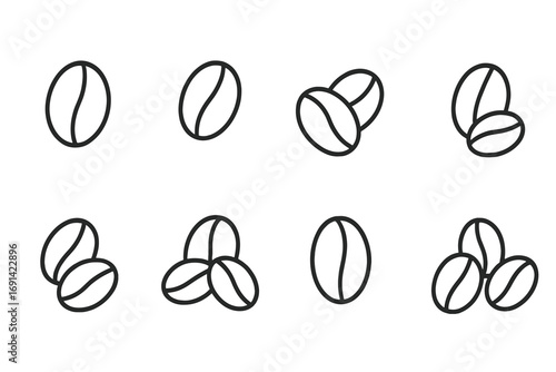 Coffee bean line icon set. Minimalist pictogram collection of roasted coffee grains. Vector illustration for cafe menu, app, banner design. Editable stroke caffeine symbols.