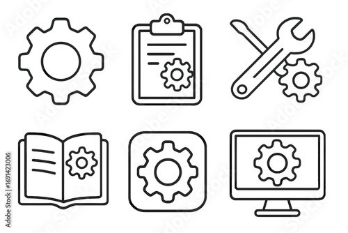 Settings icon bundle with editable stroke, thin line vector set for web design, apps, UI, books, cards, cartoon style, transparent background, ordered pack of tools and gears