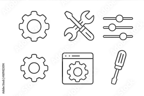 Settings bundle of thin line icons with editable stroke for web design, app development, UI UX interface, technology tools, adjustment controls, vector cartoon set