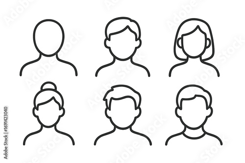 Set of faceless person profile line icons. User avatar, head silhouette pictogram collection. Minimalist linear vector for apps and web. Man and woman characters.