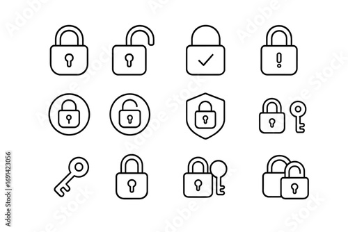 Lock line icon set. Security and protection concept. Padlock open and closed with key. Safety, privacy, and password symbol. Vector pictogram with editable stroke for web.