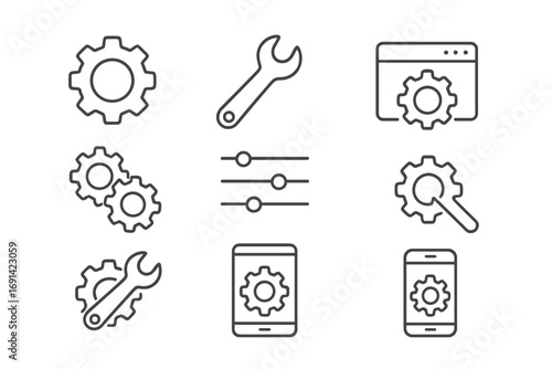 Settings icons outline collection, simple linear gear and wrench symbols, editable stroke vector illustration, technology and customization, perfect for web, apps, books, and cards