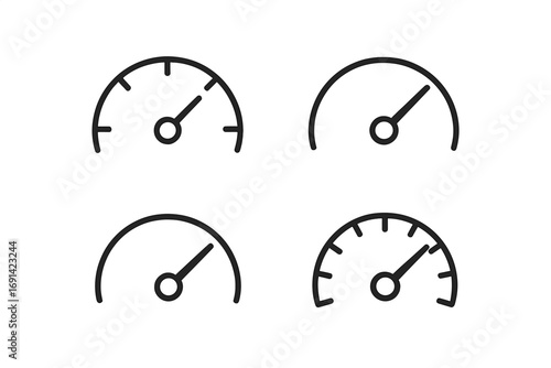 Speedometer thin line icon set, outline speed gauge symbols for graphic design, web design, apps, adverts, various card designs, vector cartoon illustration transparent background