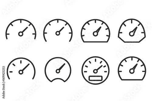 Set of speedometer thin line icons, outline speed gauge symbols for graphic design, web, apps, adverts, user interface, dashboard, vector cartoon illustration with transparent background