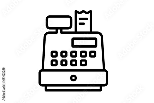 Cash register line icon. Vector pictogram for checkout, payment, sale. Concept for retail, shopping, store, money. Minimalistic POS illustration for apps and web design.