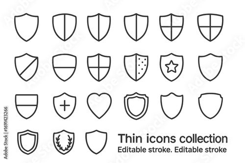 Shield icons collection with thin editable stroke, vector set for web design, apps, books, and cards, transparent background, cartoon style, ordered protective symbols and badges