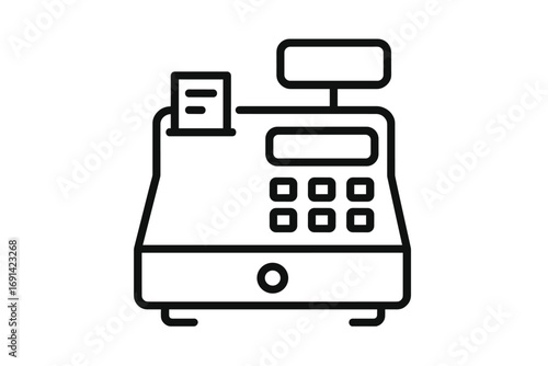 Cash register line icon. Point of sale terminal, payment concept. Checkout, retail, and commerce symbol. Simple linear pictogram for business, finance, and shopping design. Vector till illustration.
